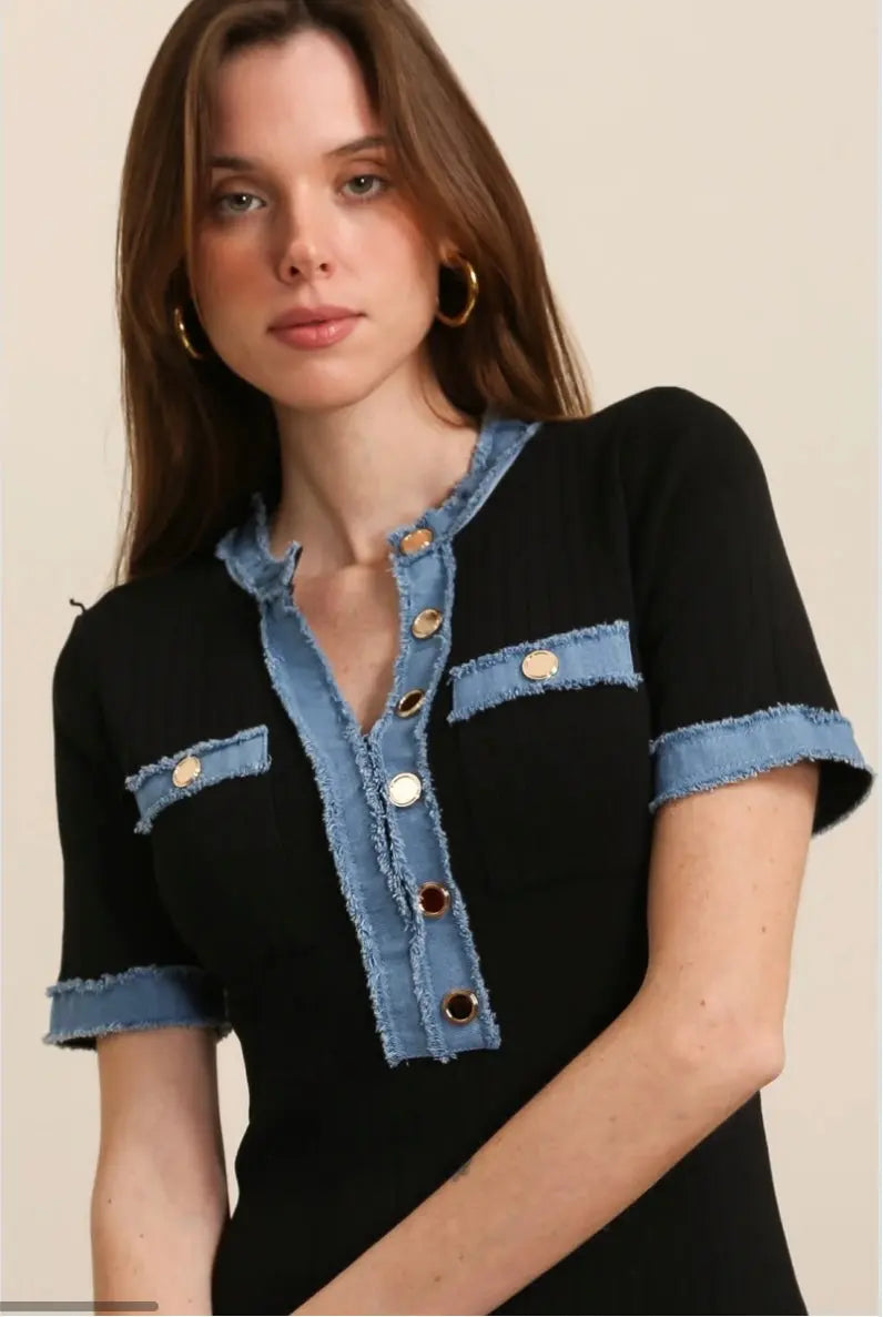 Robe Col V Détails en Jean Éluna