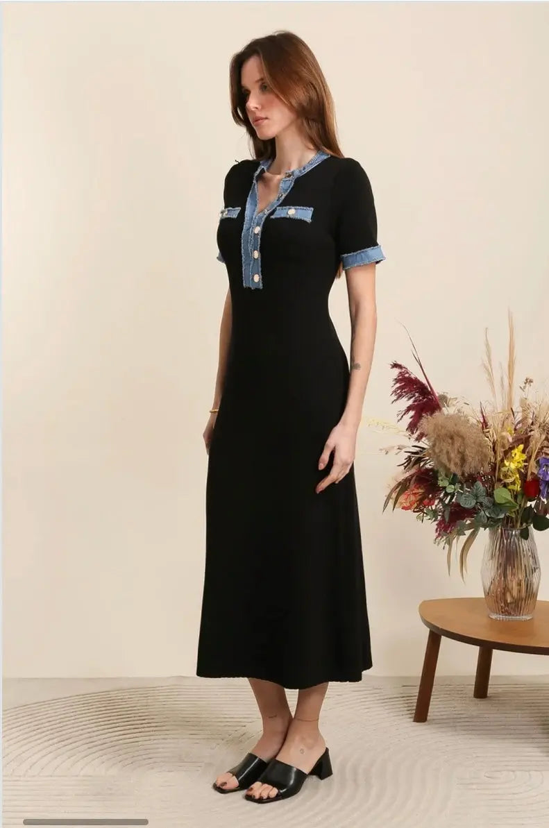 Robe Col V Détails en Jean Éluna